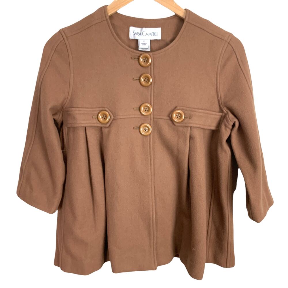 Sara Campbell Camel Brown Pleated Cropped Wool Swing Pea Coat 2 XS Vintage Retro